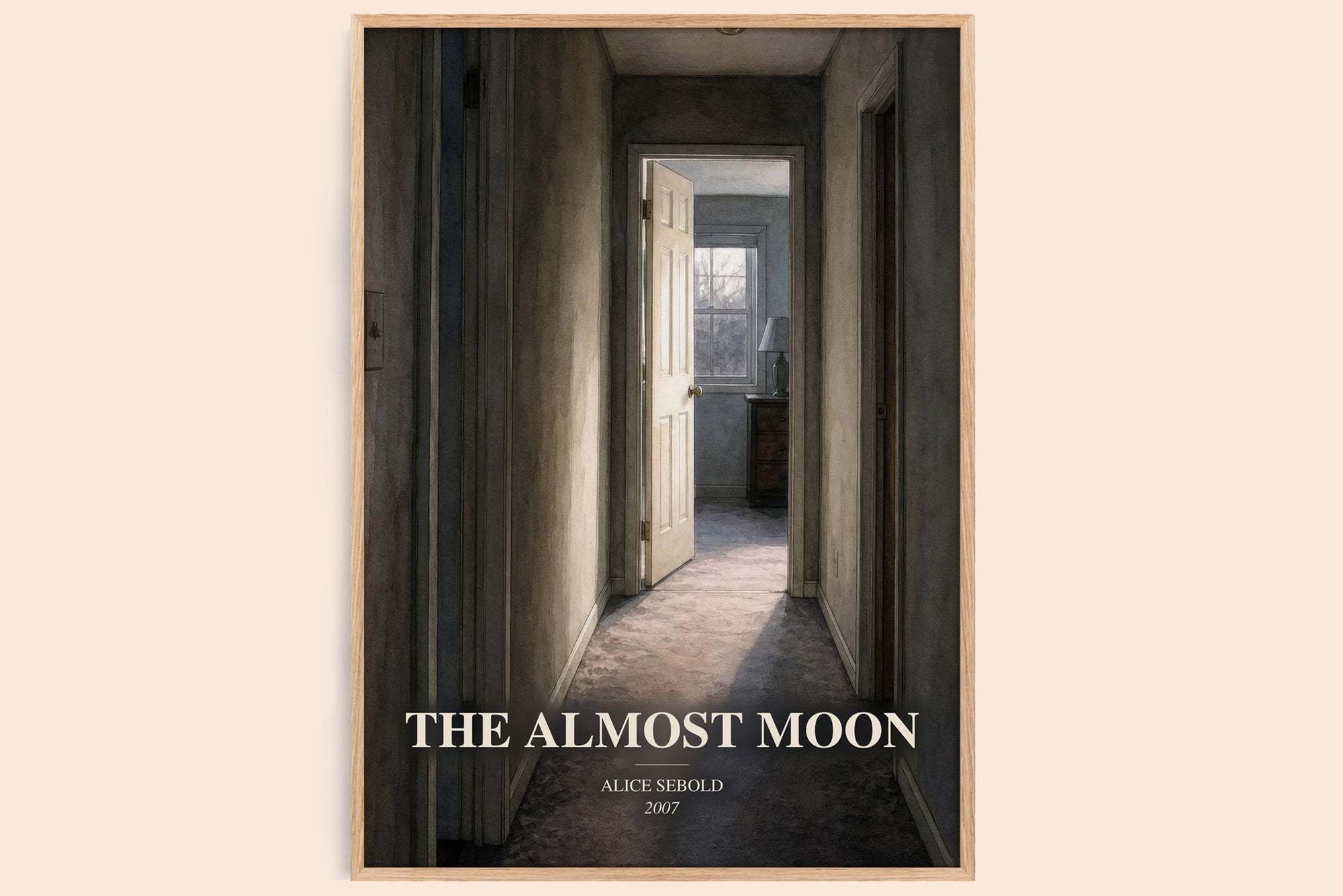The Almost Moon watercolour book poster by Alice Sebold – framed literary art print
