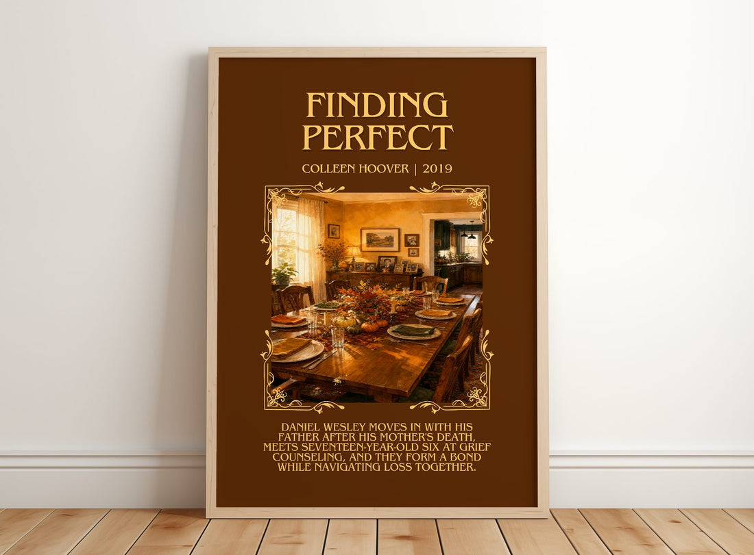 Finding Perfect Minimalist Book Poster by Colleen Hoover – framed print leaning on a wooden floor