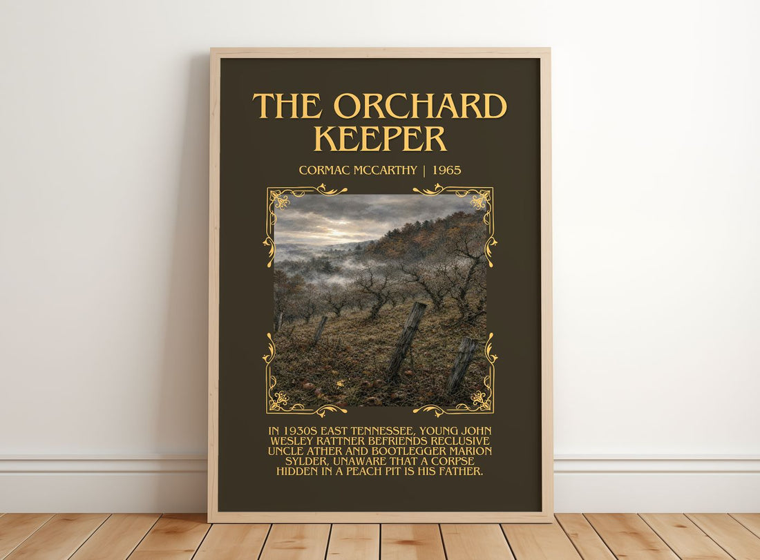 The Orchard Keeper Minimalist Book Poster by Cormac Mccarthy – framed print leaning on a wooden floor