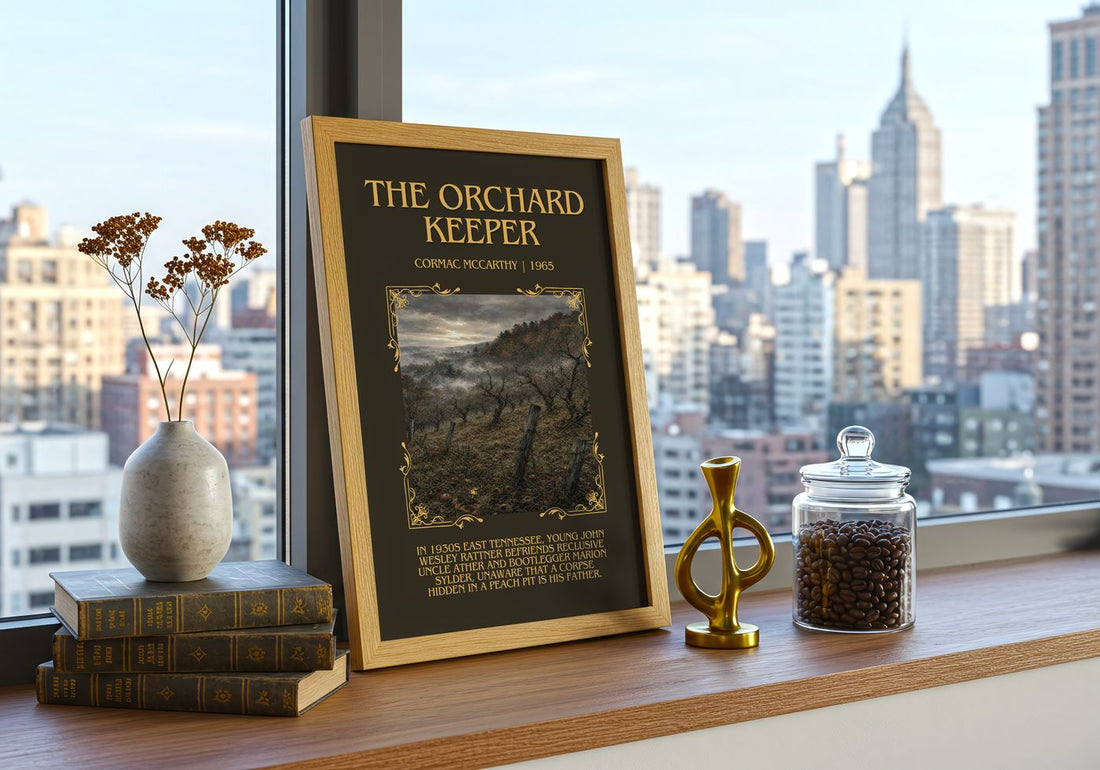 The Orchard Keeper Minimalist Book Poster by Cormac Mccarthy – framed print on a city-view windowsill