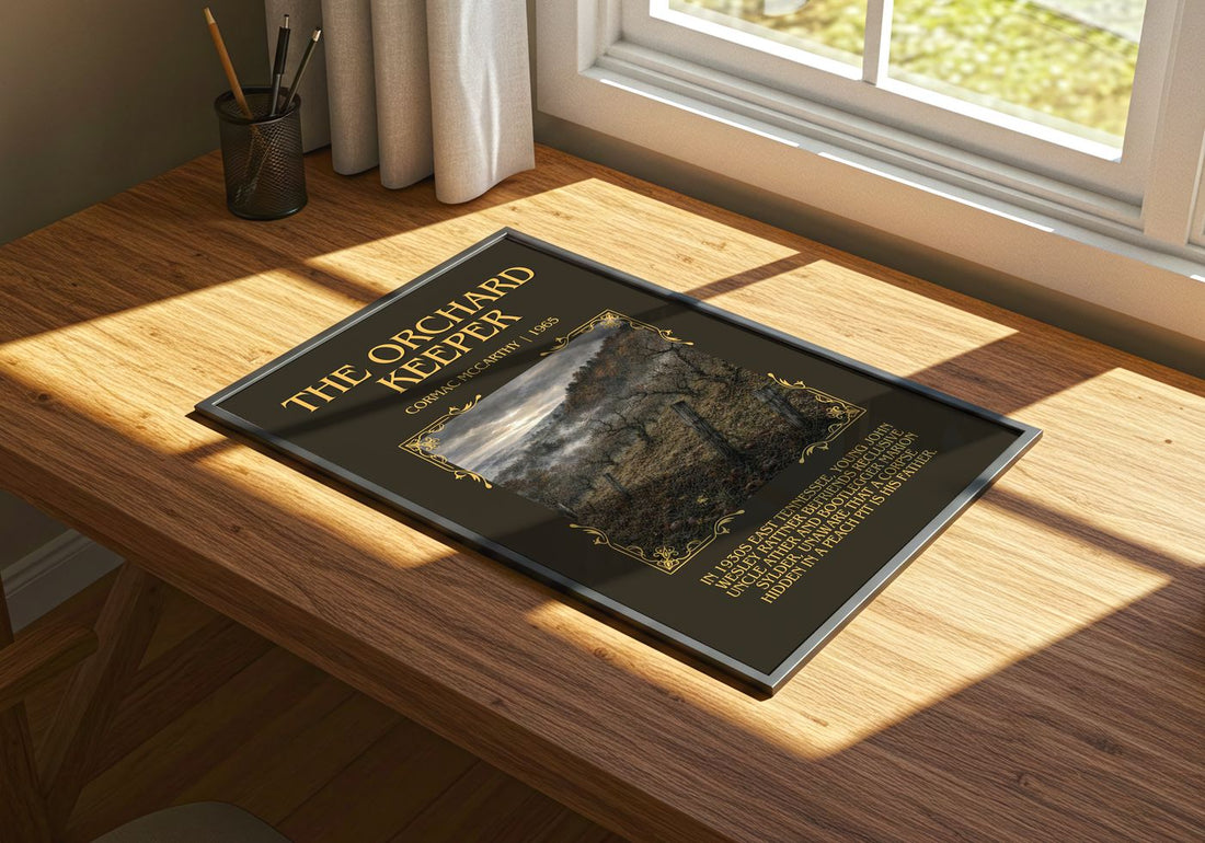 The Orchard Keeper Minimalist Book Poster by Cormac Mccarthy – print on a sunlit desk