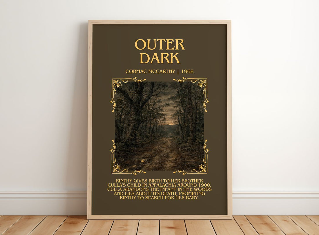 Outer Dark Minimalist Book Poster by Cormac Mccarthy – framed print leaning on a wooden floor