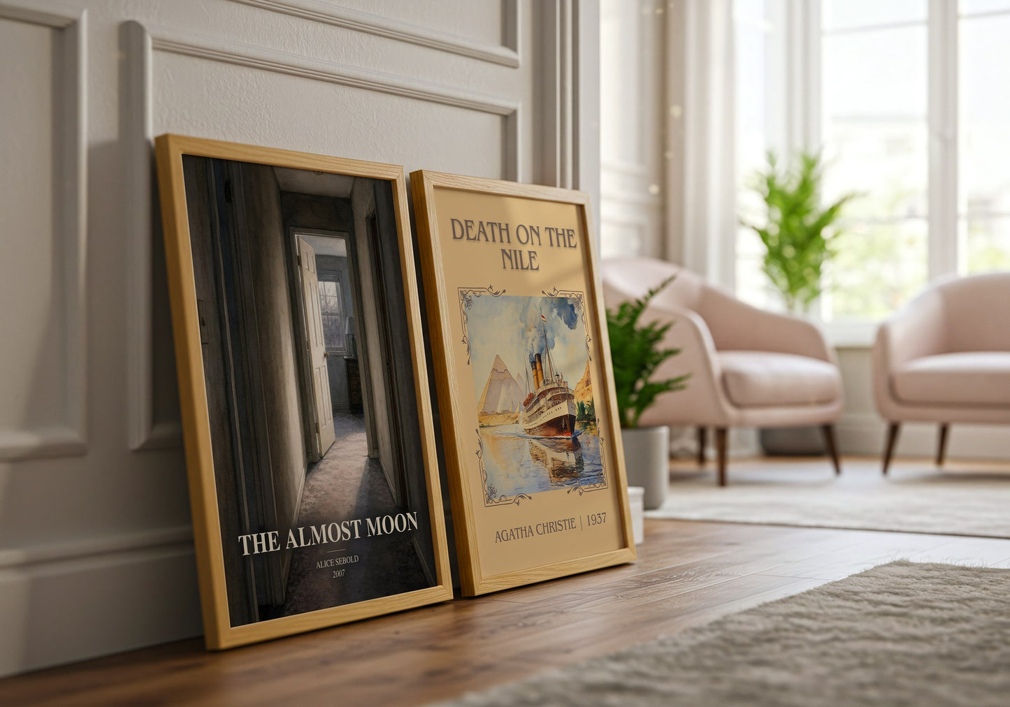 The Almost Moon watercolour print framed by window – literary home decor