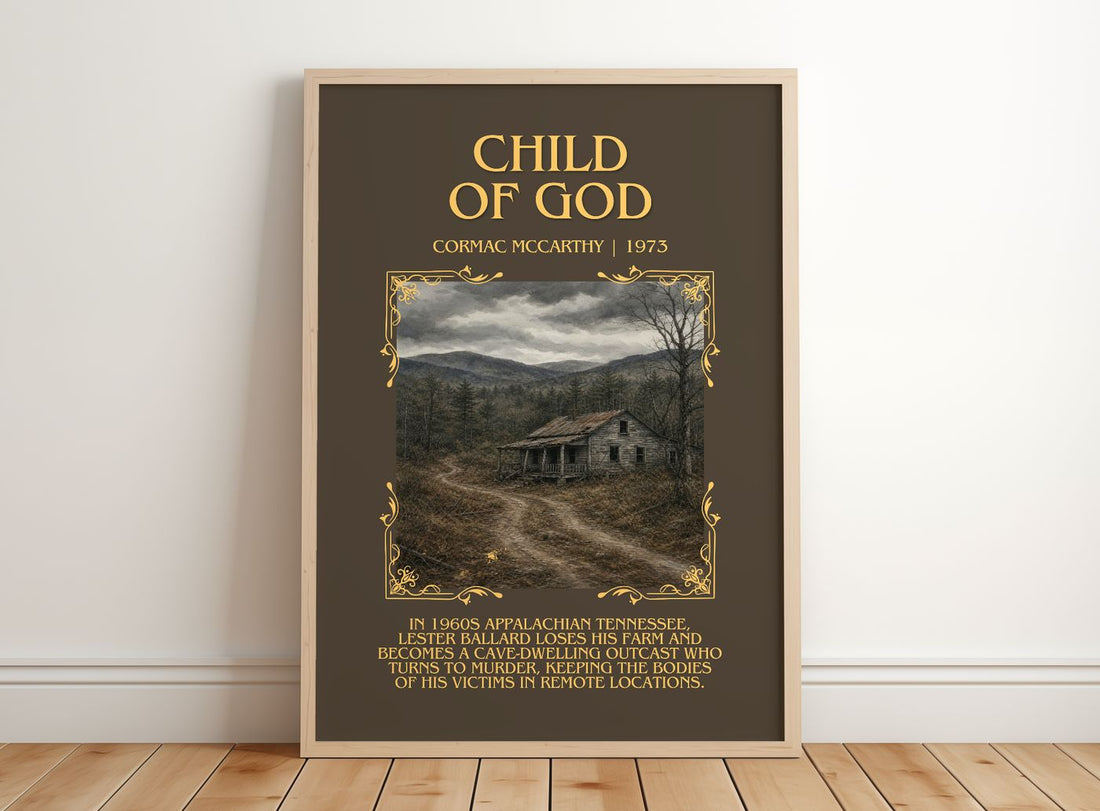 Child Of God Minimalist Book Poster by Cormac Mccarthy – framed print leaning on a wooden floor