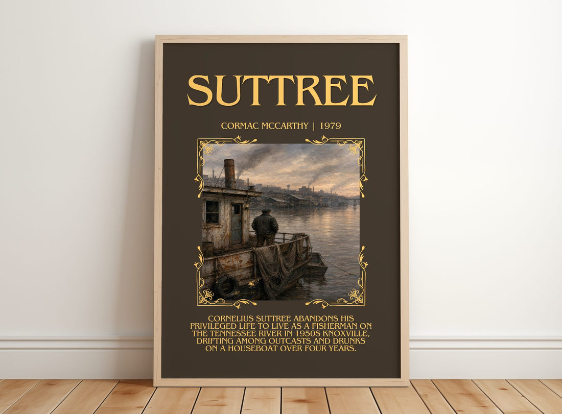 Suttree Minimalist Book Poster by Cormac Mccarthy – framed print leaning on a wooden floor