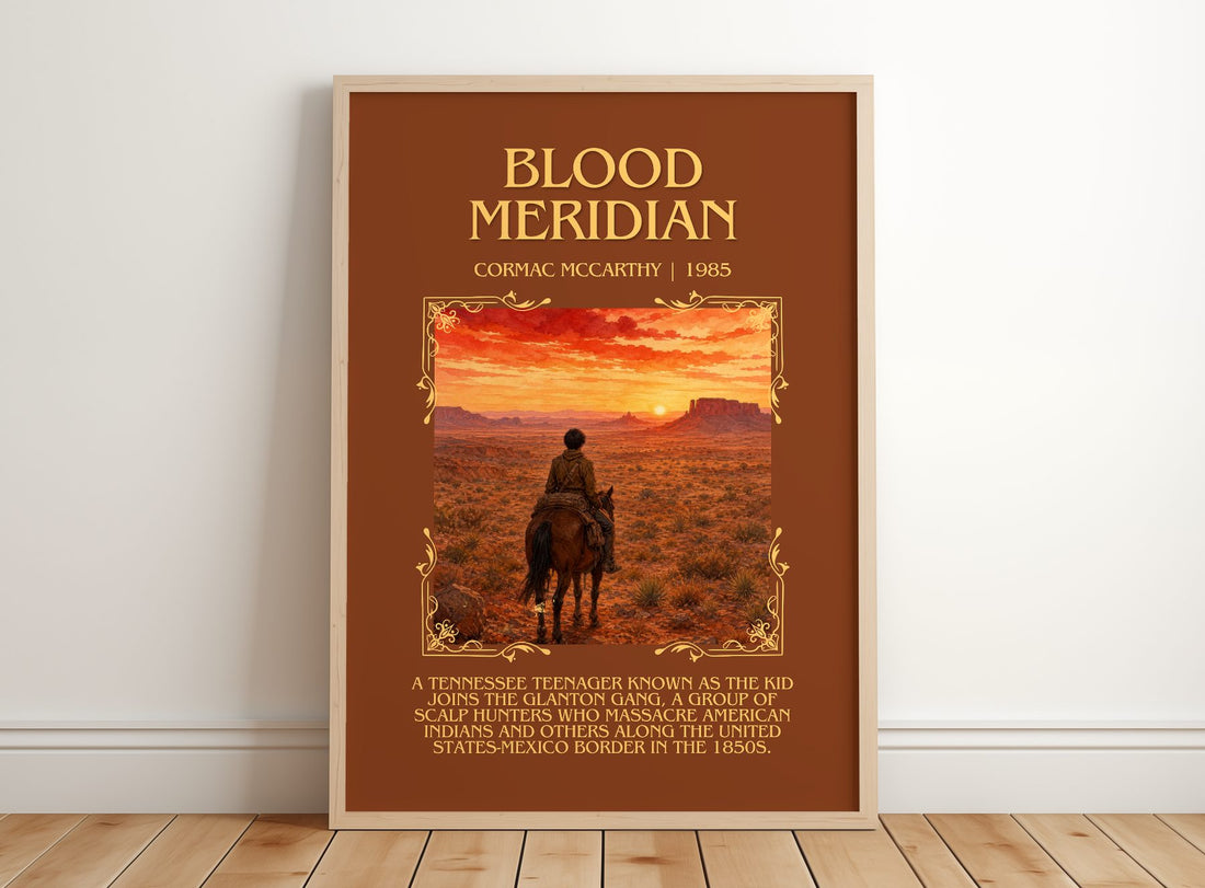 Blood Meridian Minimalist Book Poster by Cormac Mccarthy – framed print leaning on a wooden floor