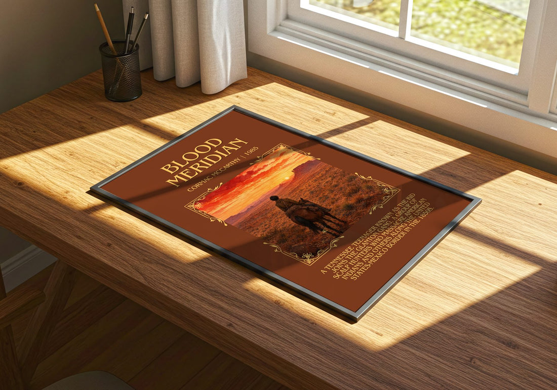 Blood Meridian Minimalist Book Poster by Cormac Mccarthy – print on a sunlit desk