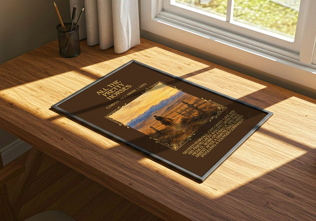 All The Pretty Horses Minimalist Book Poster by Cormac Mccarthy – print on a sunlit desk