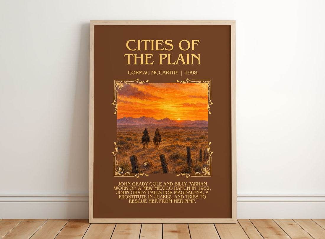 Cities Of The Plain Minimalist Book Poster by Cormac Mccarthy – framed print leaning on a wooden floor