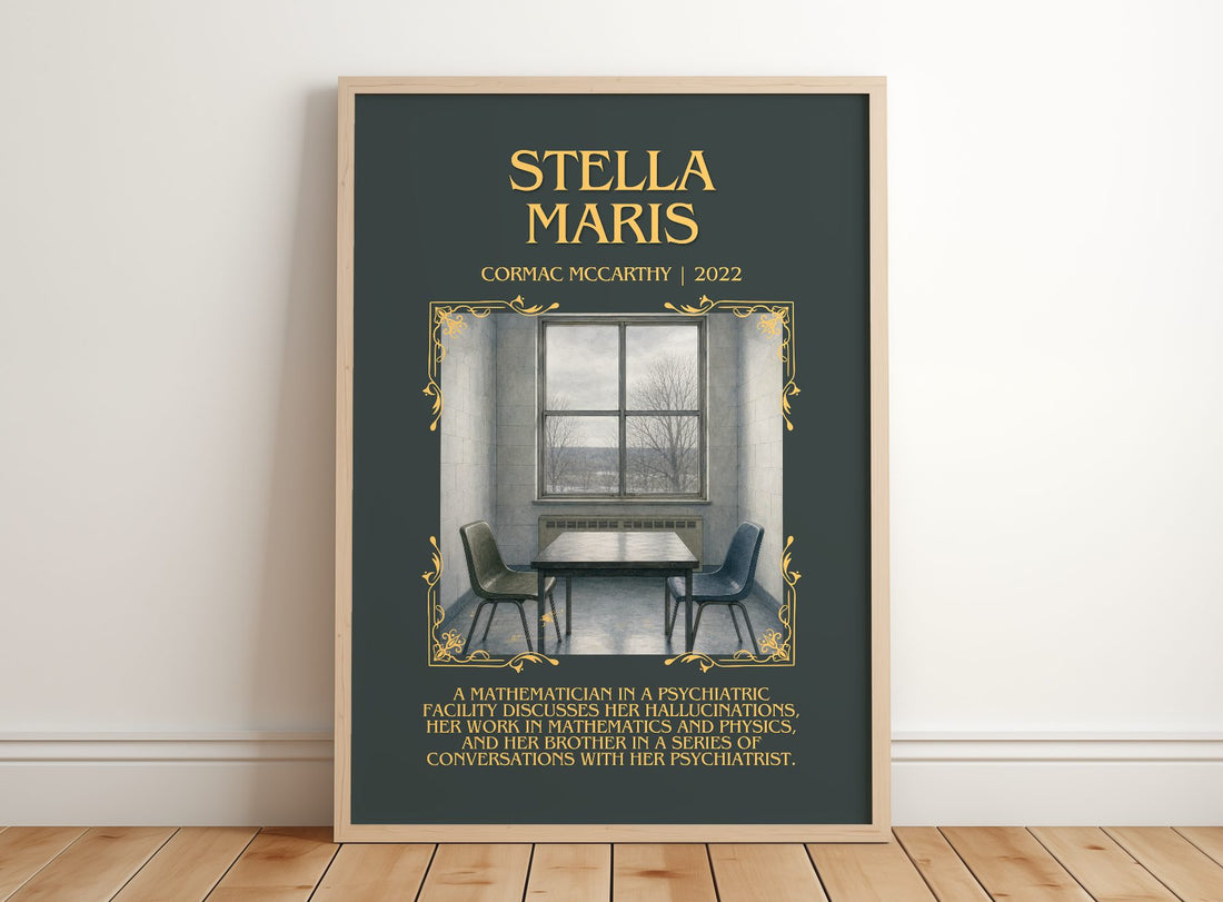Stella Maris Minimalist Book Poster by Cormac Mccarthy – framed print leaning on a wooden floor