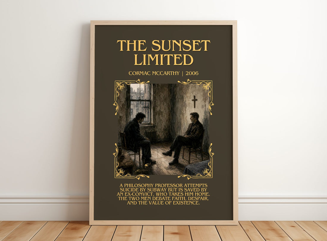 The Sunset Limited Minimalist Book Poster by Cormac Mccarthy – framed print leaning on a wooden floor