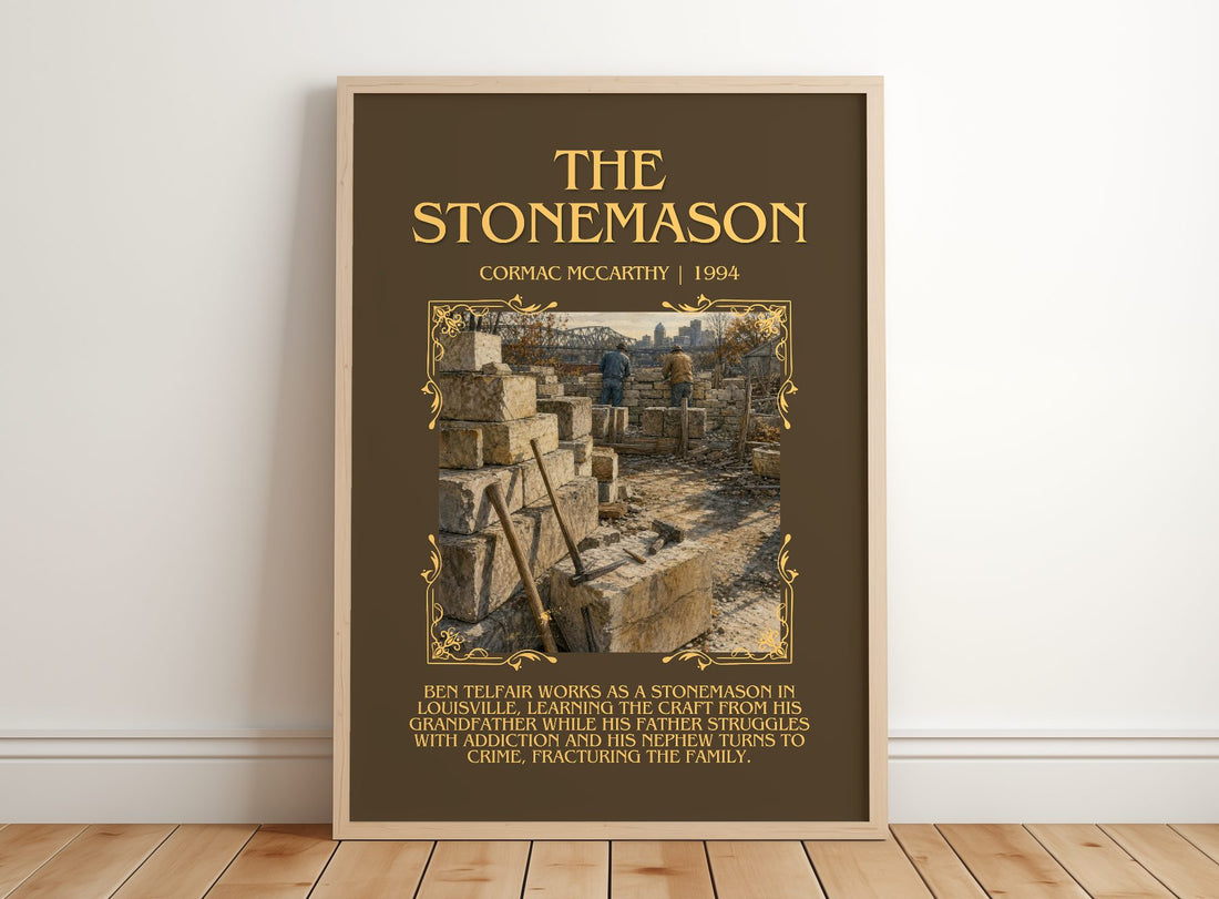 The Stonemason Minimalist Book Poster by Cormac Mccarthy – framed print leaning on a wooden floor
