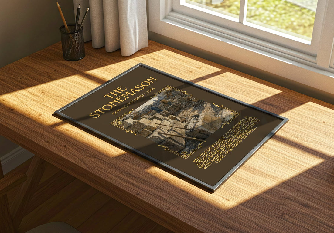 The Stonemason Minimalist Book Poster by Cormac Mccarthy – print on a sunlit desk