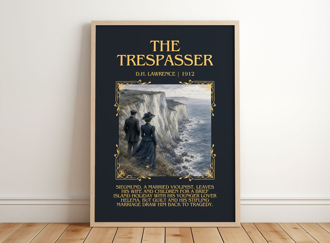 The Trespasser Minimalist Book Poster by D.H. Lawrence – framed print leaning on a wooden floor
