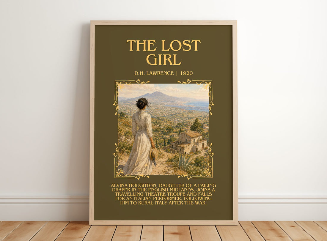 The Lost Girl Minimalist Book Poster by D.H. Lawrence – framed print leaning on a wooden floor