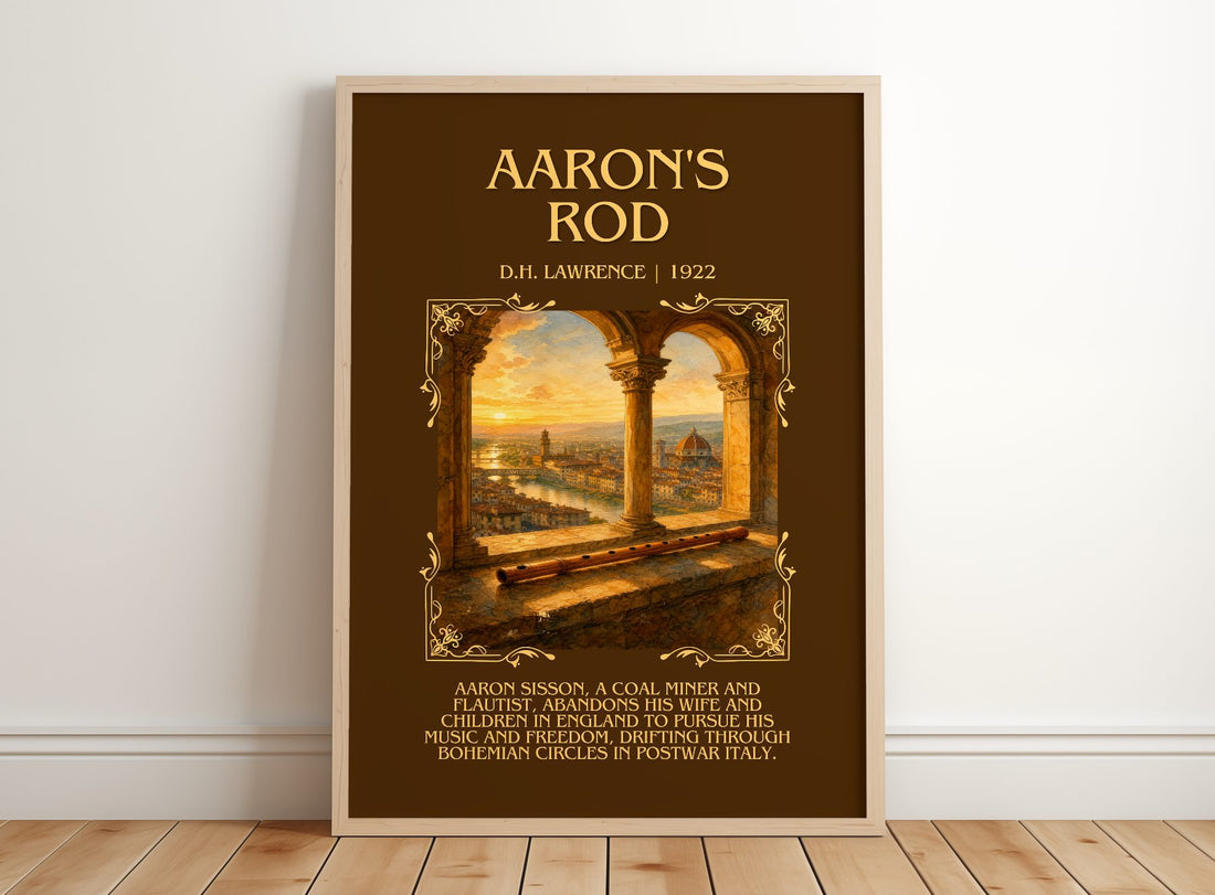 Aaron'S Rod Minimalist Book Poster by D.H. Lawrence – framed print leaning on a wooden floor