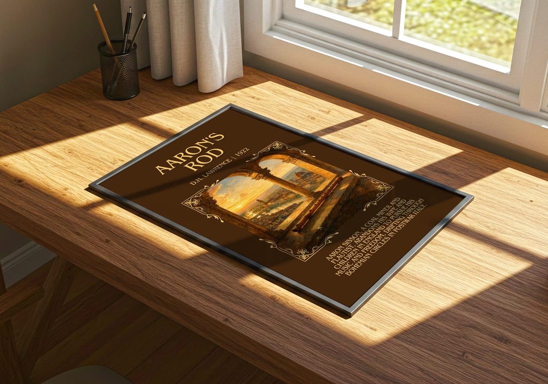 Aaron'S Rod Minimalist Book Poster by D.H. Lawrence – print on a sunlit desk