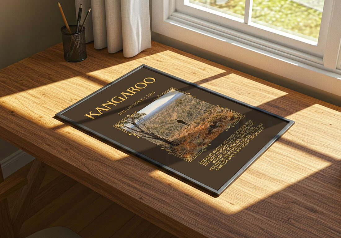 Kangaroo Minimalist Book Poster by D.H. Lawrence – print on a sunlit desk