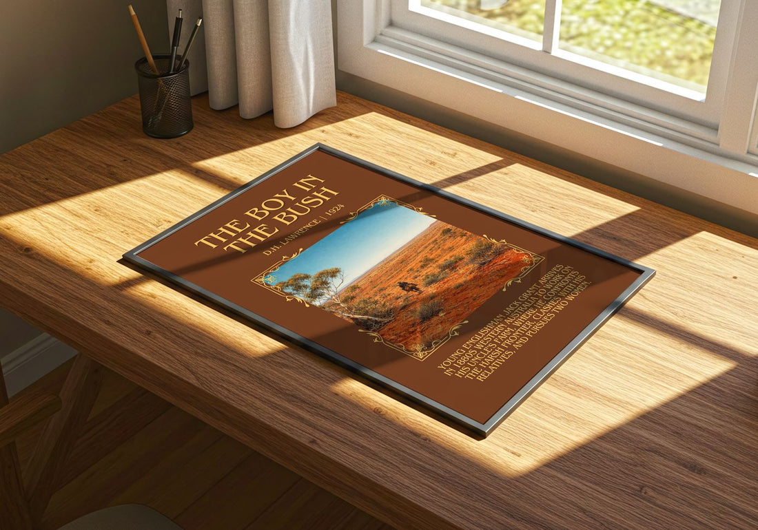 The Boy In The Bush Minimalist Book Poster by D.H. Lawrence – print on a sunlit desk