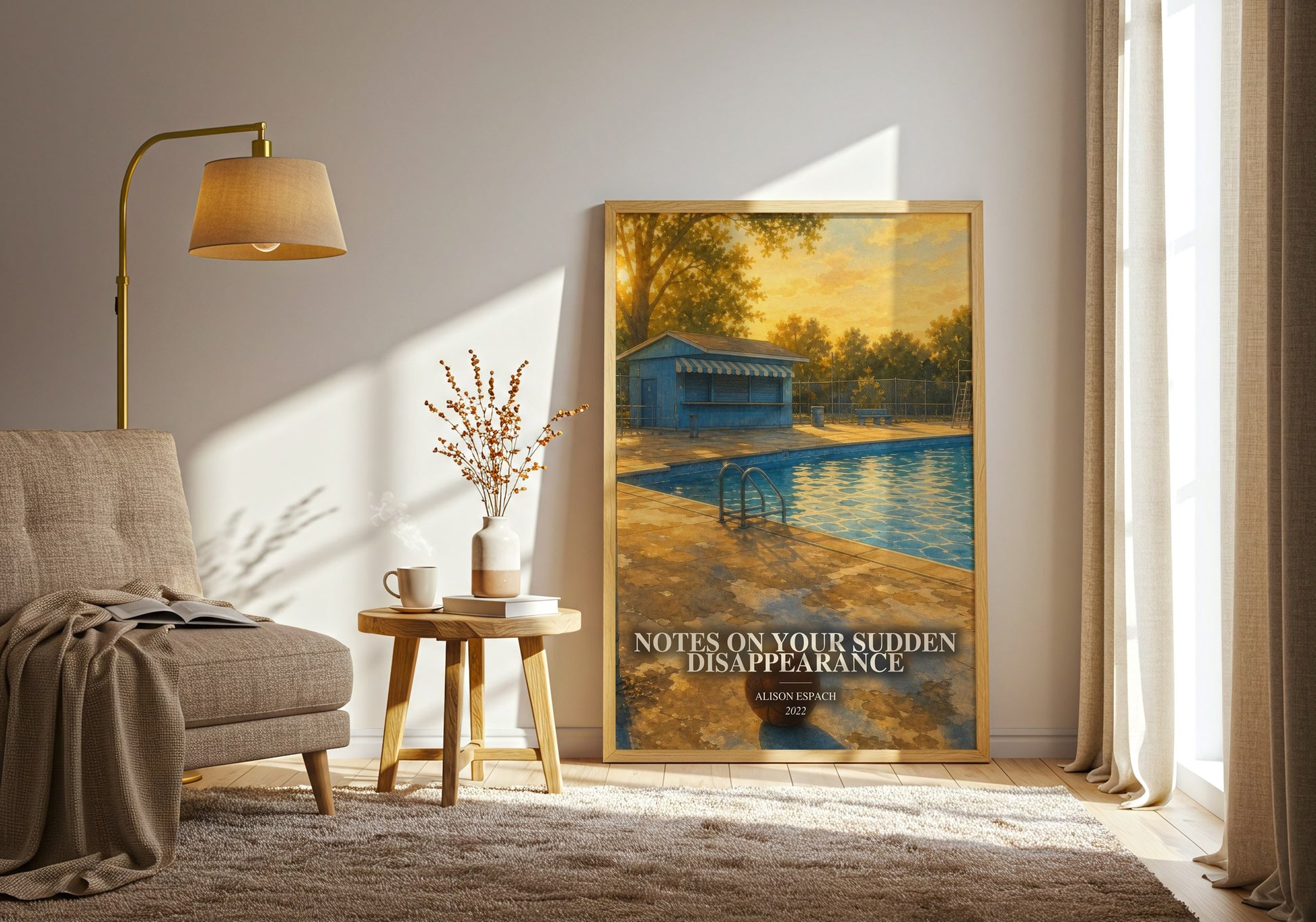 Notes On Your Sudden Disappearance watercolour print in frame leaning in hallway – contemporary fiction wall art