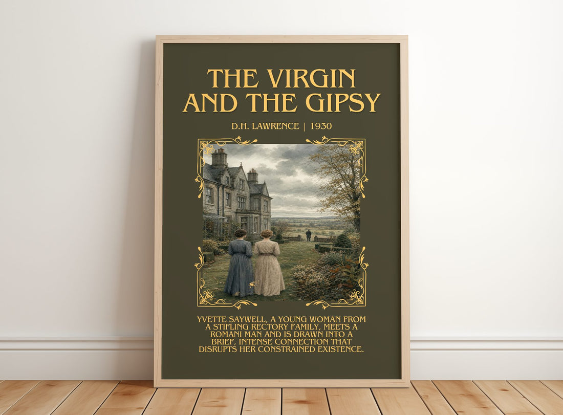 The Virgin And The Gipsy Minimalist Book Poster by D.H. Lawrence – framed print leaning on a wooden floor