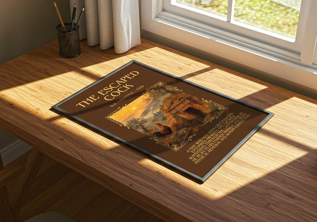 The Escaped Cock Minimalist Book Poster by D.H. Lawrence – print on a sunlit desk