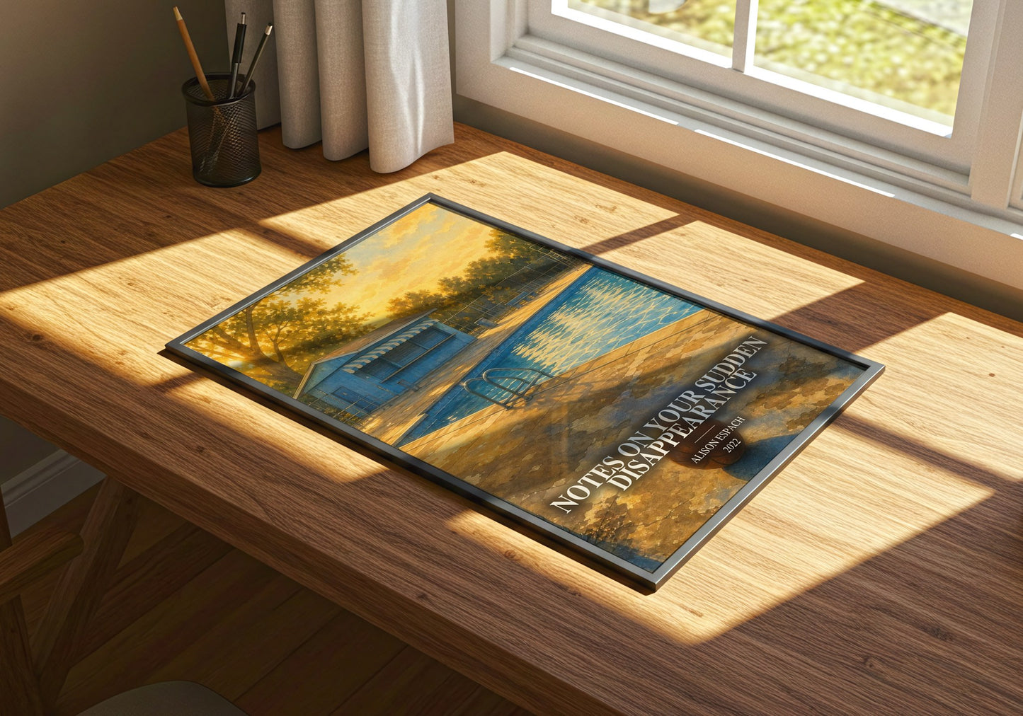 Notes On Your Sudden Disappearance watercolour book poster framed on wall – contemporary fiction wall art
