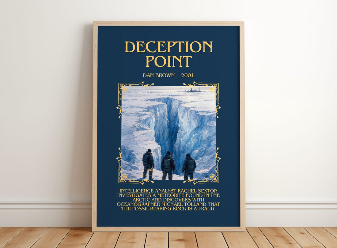 Deception Point Minimalist Book Poster by Dan Brown – framed print leaning on a wooden floor