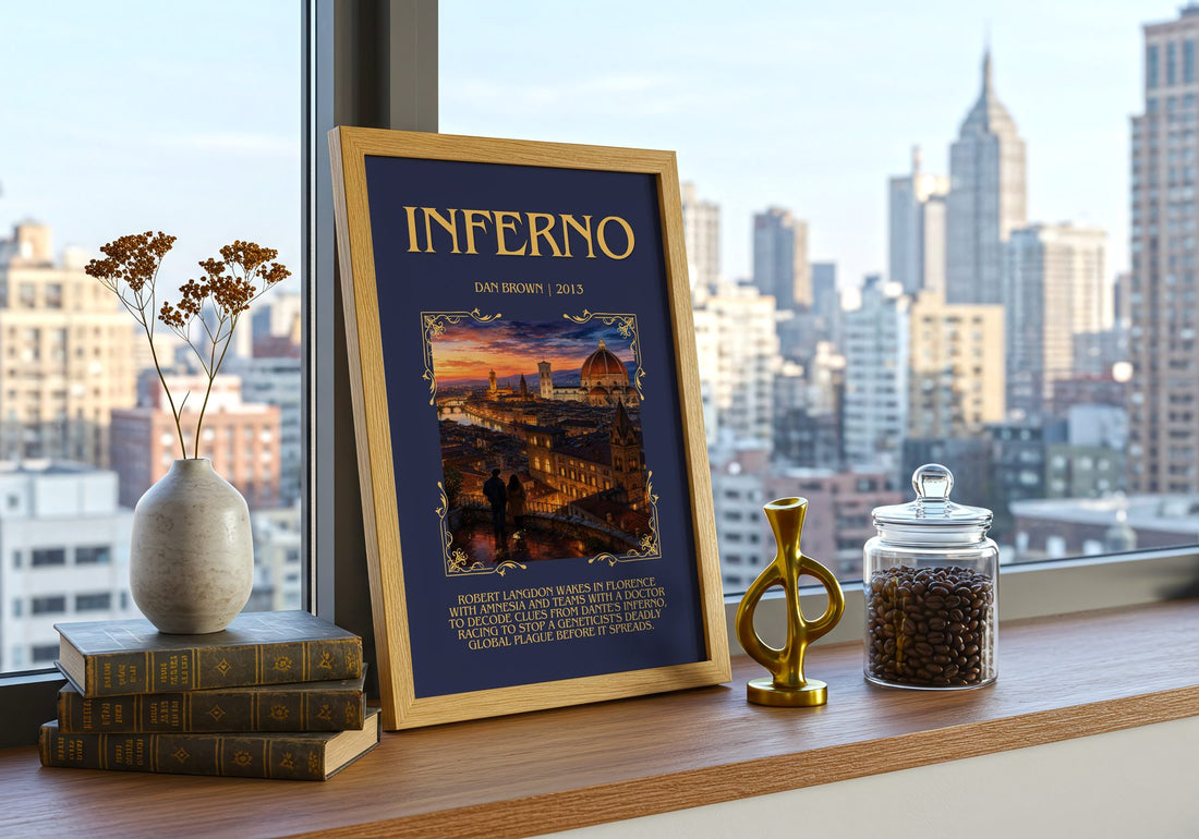 Inferno Minimalist Book Poster by Dan Brown – framed print on a city-view windowsill