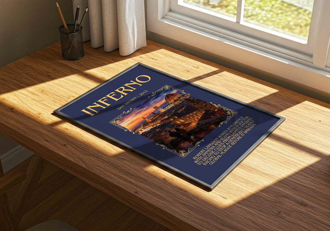 Inferno Minimalist Book Poster by Dan Brown – print on a sunlit desk