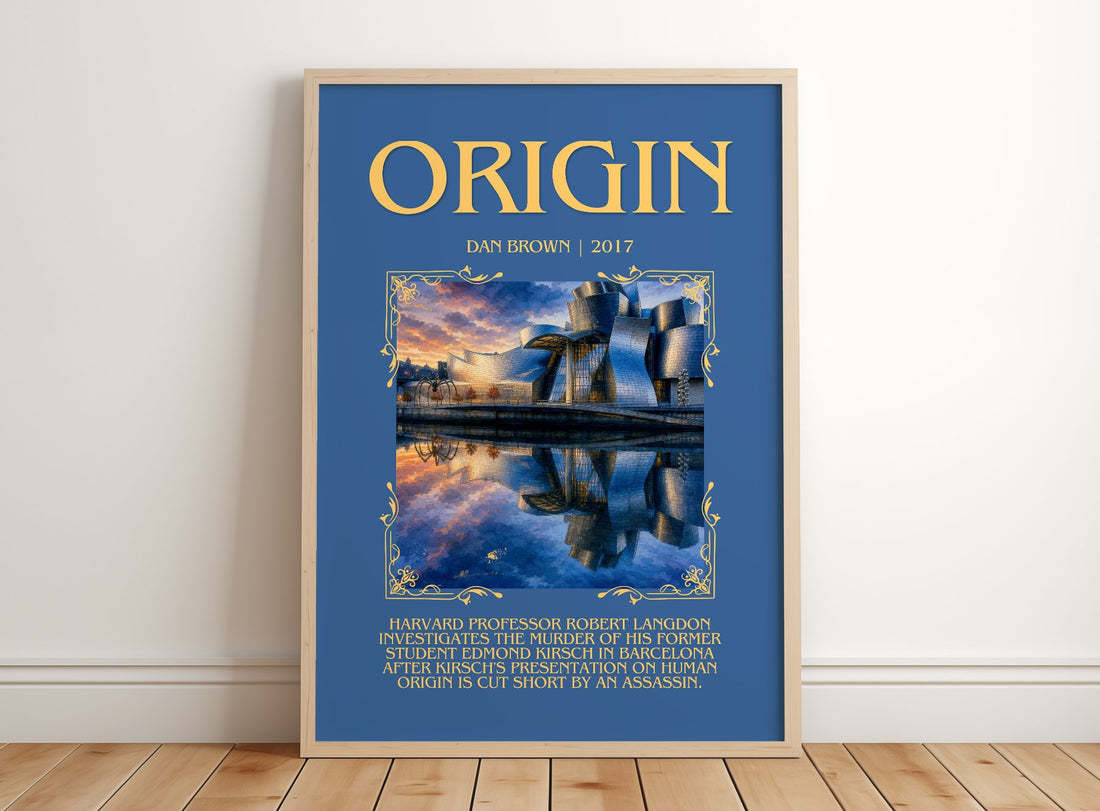 Origin Minimalist Book Poster by Dan Brown – framed print leaning on a wooden floor
