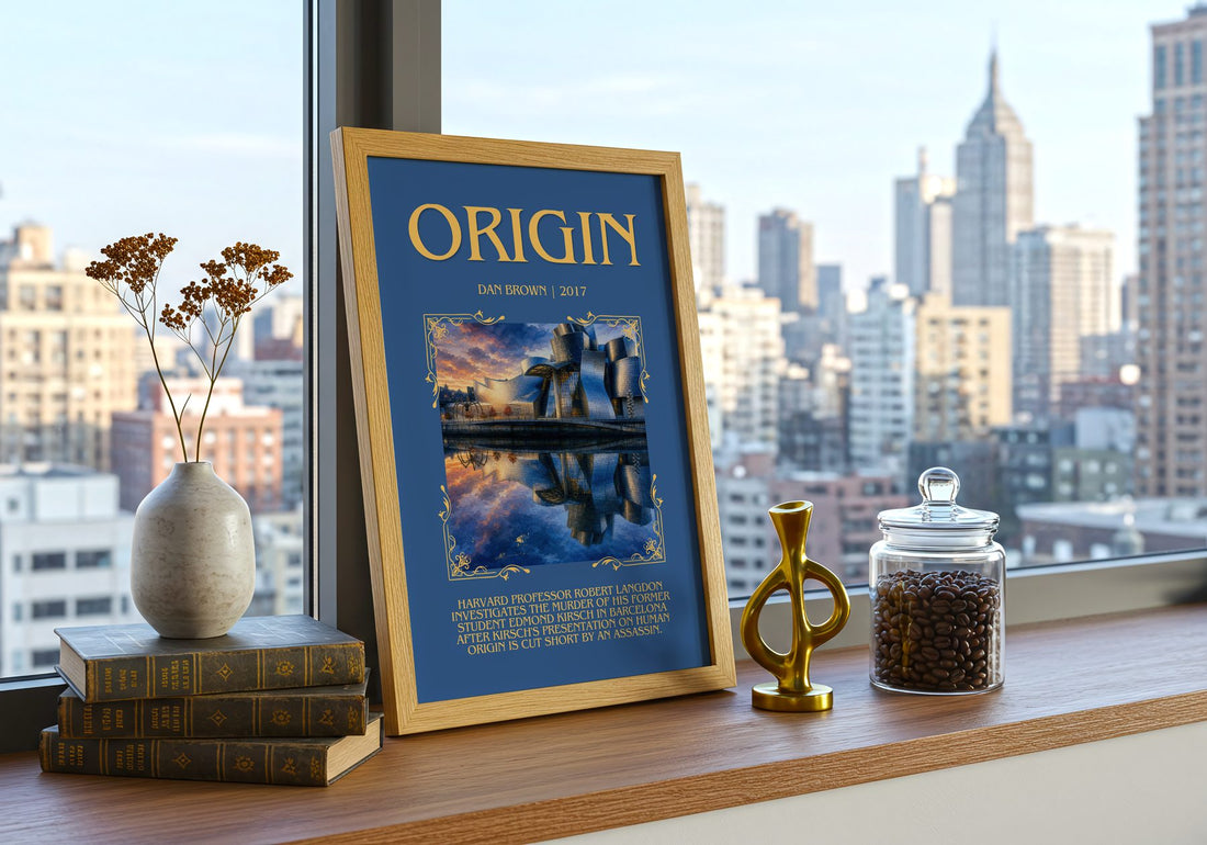 Origin Minimalist Book Poster by Dan Brown – framed print on a city-view windowsill