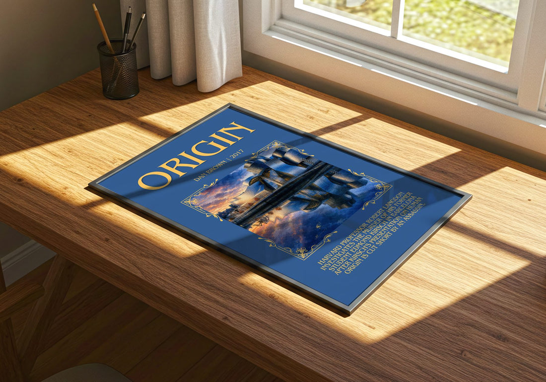 Origin Minimalist Book Poster by Dan Brown – print on a sunlit desk
