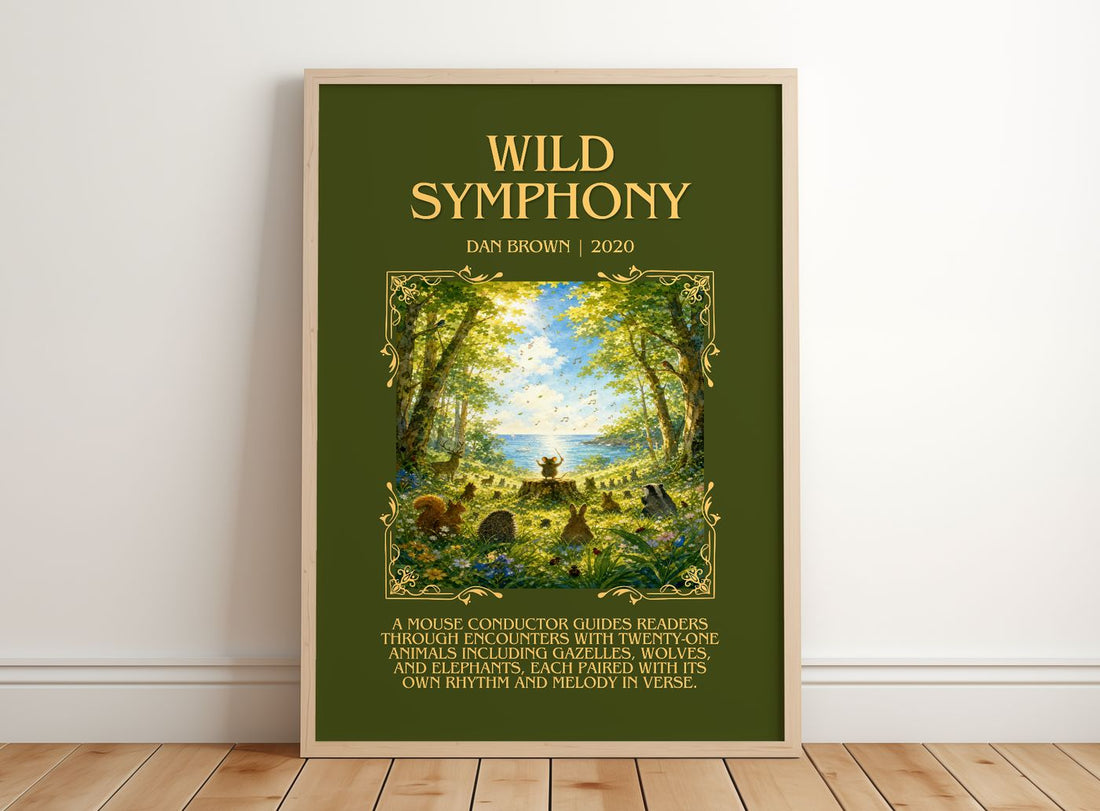 Wild Symphony Minimalist Book Poster by Dan Brown – framed print leaning on a wooden floor