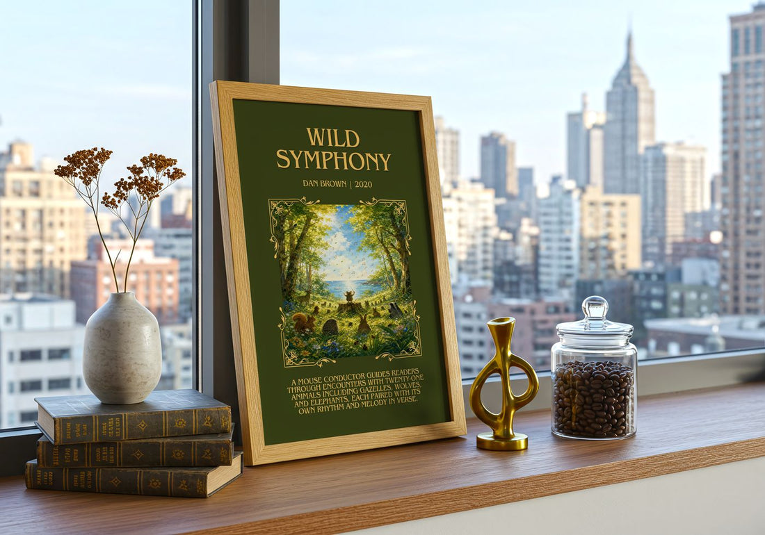 Wild Symphony Minimalist Book Poster by Dan Brown – framed print on a city-view windowsill