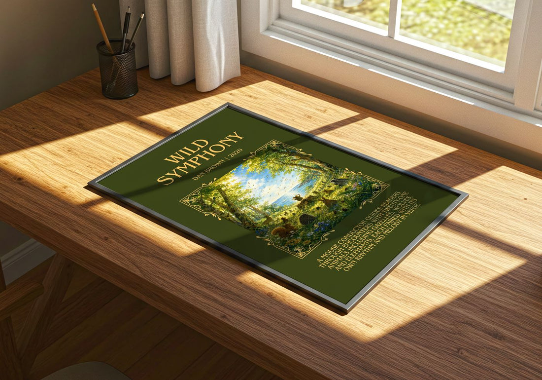 Wild Symphony Minimalist Book Poster by Dan Brown – print on a sunlit desk