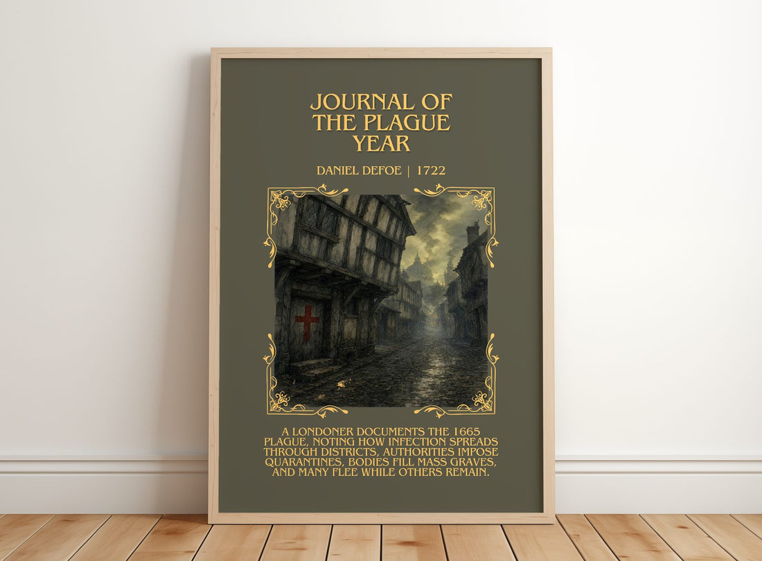 Journal Of The Plague Year Minimalist Book Poster by Daniel Defoe – framed print leaning on a wooden floor