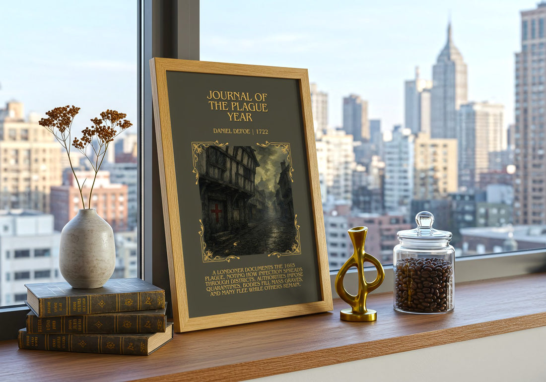Journal Of The Plague Year Minimalist Book Poster by Daniel Defoe – framed print on a city-view windowsill