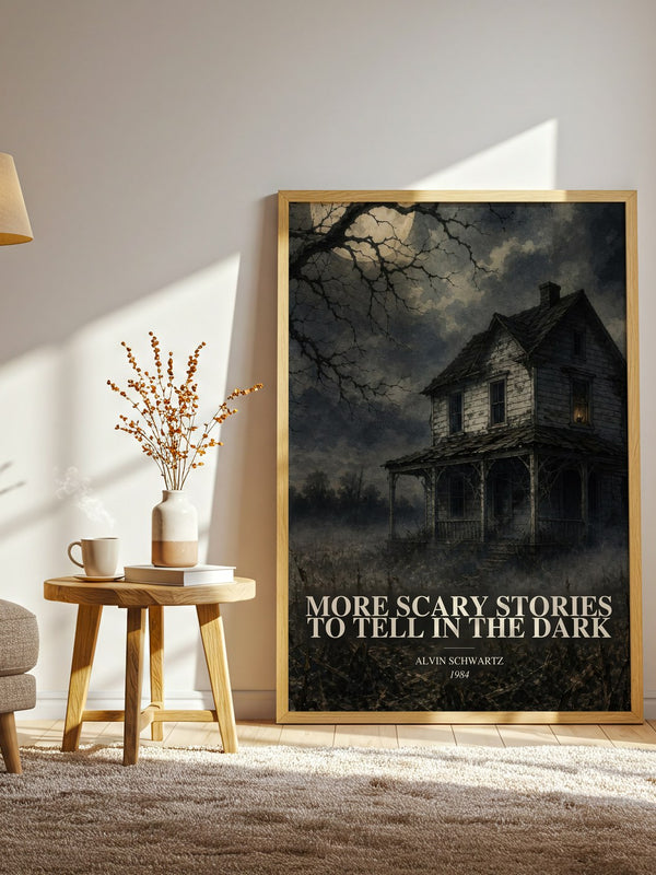 More Scary Stories To Tell In The Dark watercolour print in frame leaning in hallway – childrens wall art