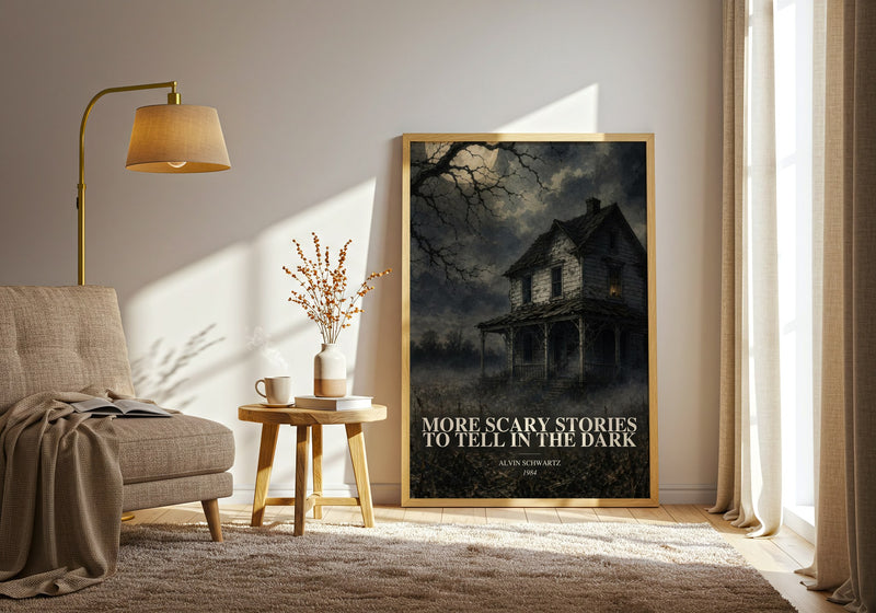 More Scary Stories To Tell In The Dark watercolour print in frame leaning in hallway – childrens wall art