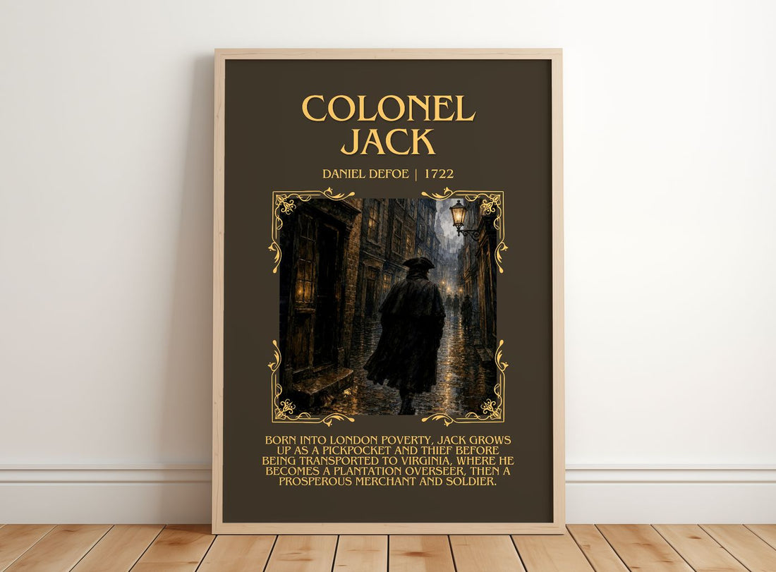 Colonel Jack Minimalist Book Poster by Daniel Defoe – framed print leaning on a wooden floor