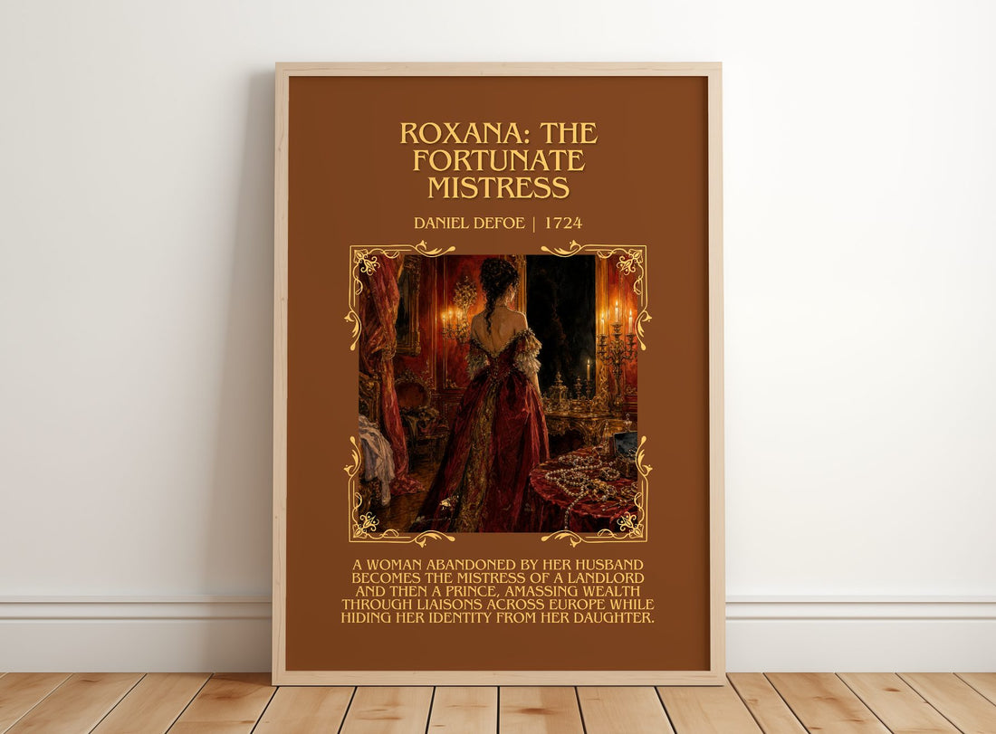Roxana: The Fortunate Mistress Minimalist Book Poster by Daniel Defoe – framed print leaning on a wooden floor