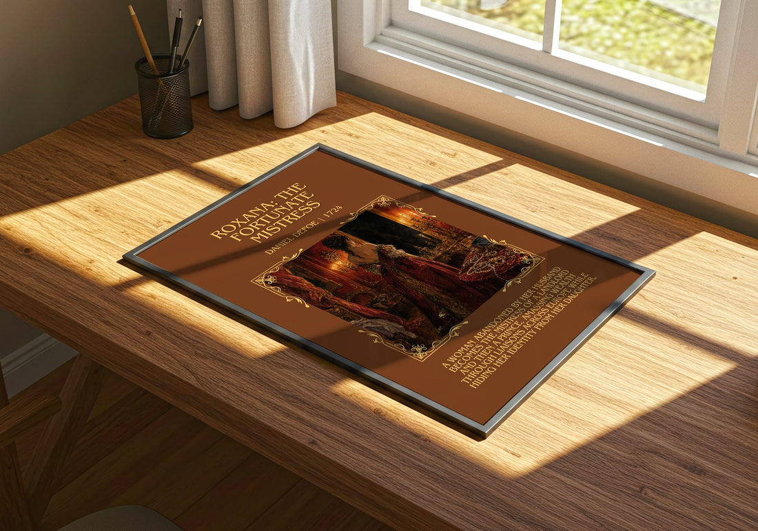 Roxana: The Fortunate Mistress Minimalist Book Poster by Daniel Defoe – print on a sunlit desk