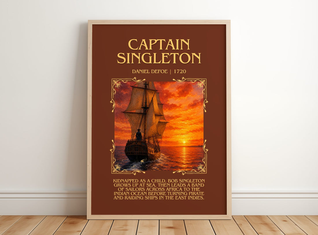 Captain Singleton Minimalist Book Poster by Daniel Defoe – framed print leaning on a wooden floor