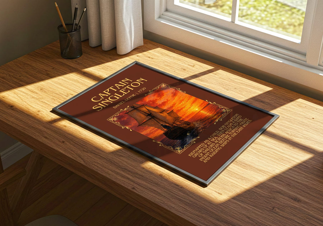 Captain Singleton Minimalist Book Poster by Daniel Defoe – print on a sunlit desk