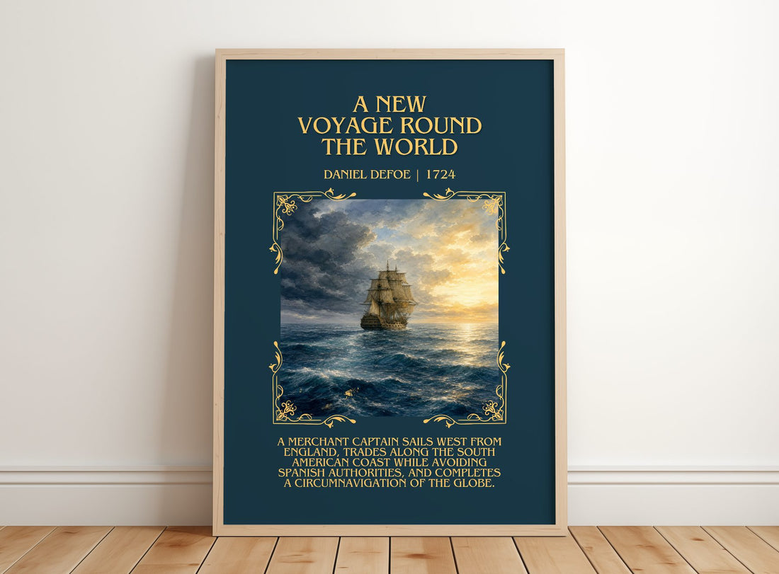 A New Voyage Round The World Minimalist Book Poster by Daniel Defoe – framed print leaning on a wooden floor