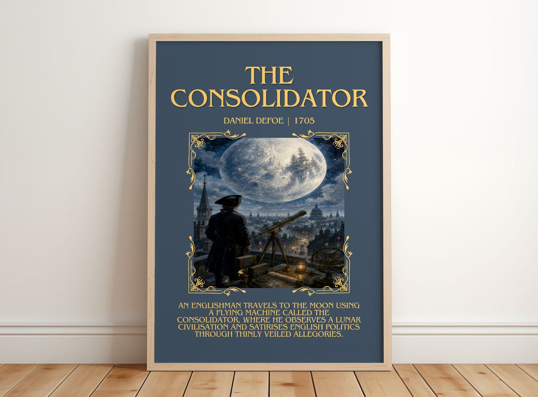 The Consolidator Minimalist Book Poster by Daniel Defoe – framed print leaning on a wooden floor