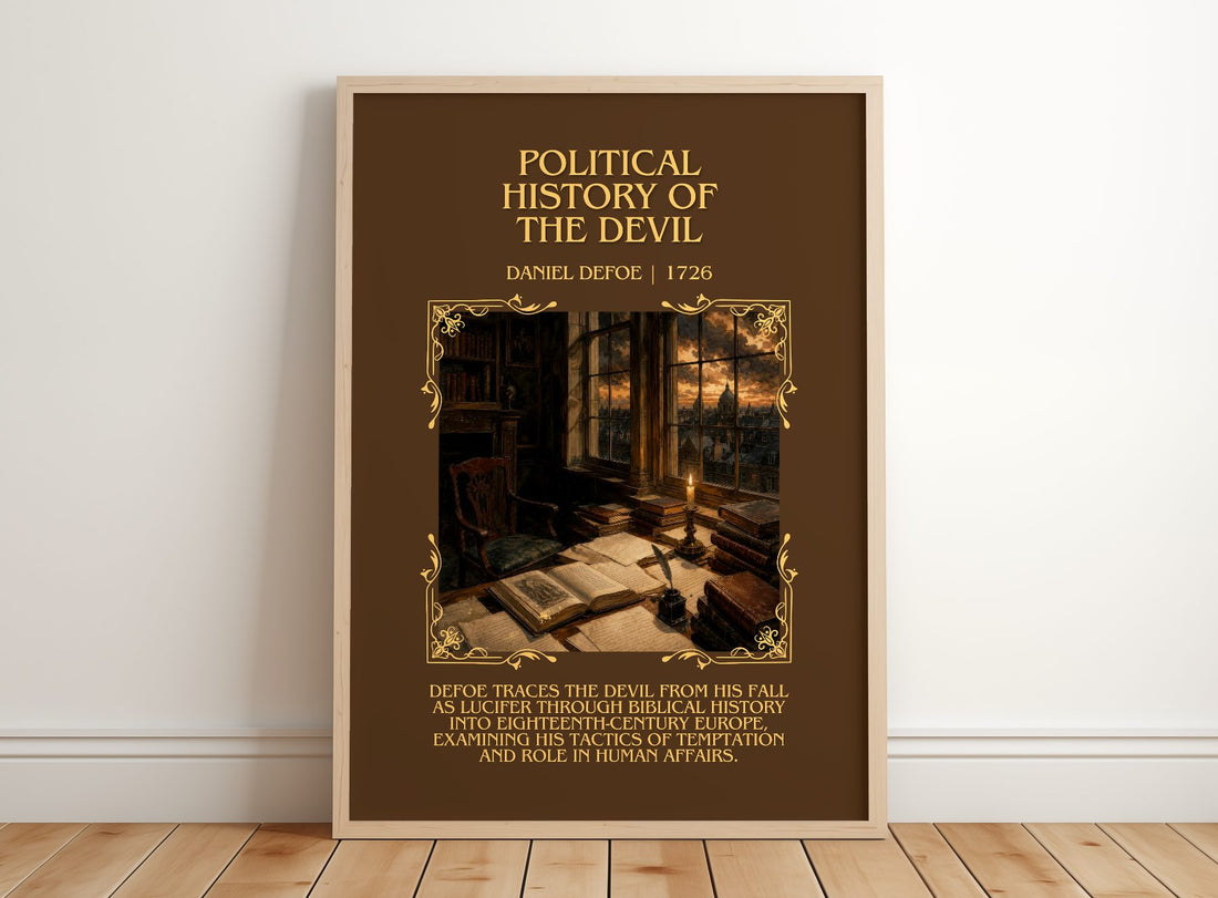 Political History Of The Devil Minimalist Book Poster by Daniel Defoe – framed print leaning on a wooden floor