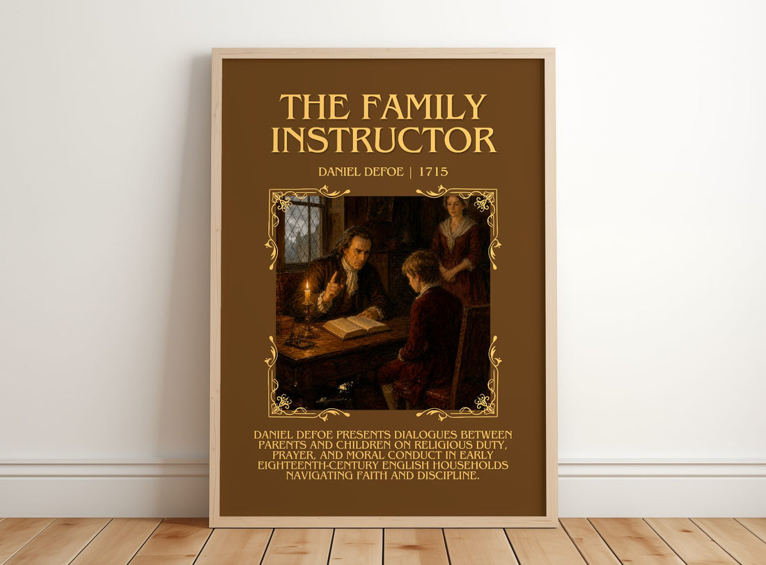 The Family Instructor Minimalist Book Poster by Daniel Defoe – framed print leaning on a wooden floor
