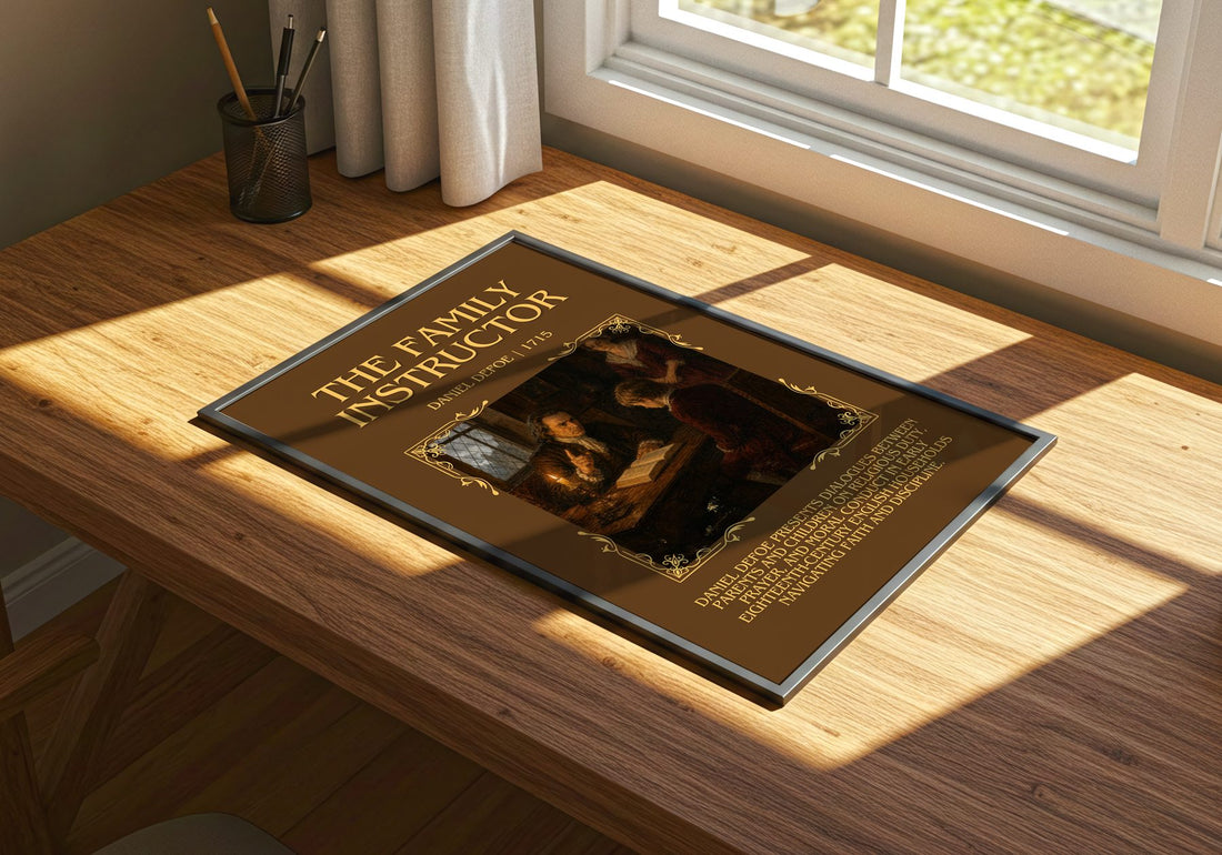 The Family Instructor Minimalist Book Poster by Daniel Defoe – print on a sunlit desk